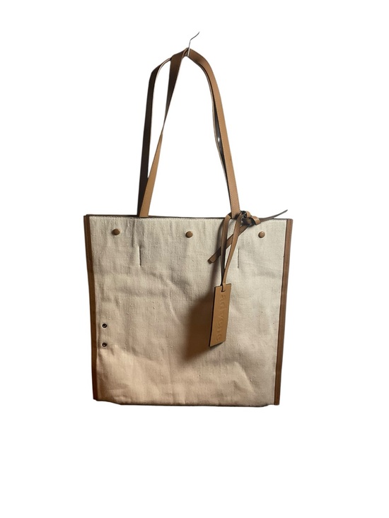 advene Handbags - Cream Canvas Tote with Tan Leather Trim and Tag